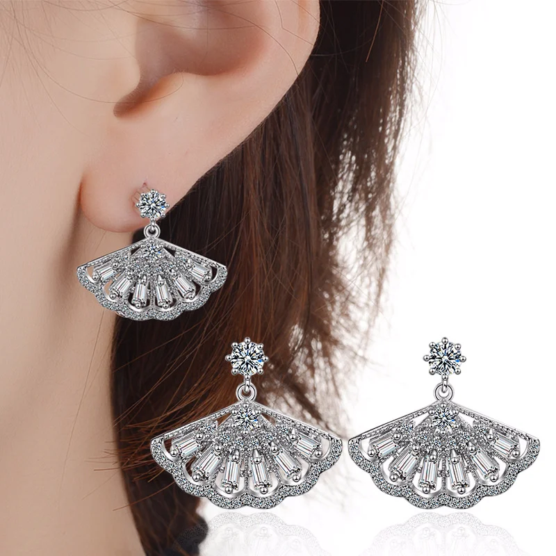 Shunyun Newest Elegant Dangle CZ Crystal Fan Shape Earrings for Women