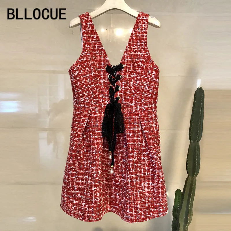 

BLLOCUE High Quality Luxury 2018 Summer Runway Designer Dress Women Sleeveless V-Neck Party Dress