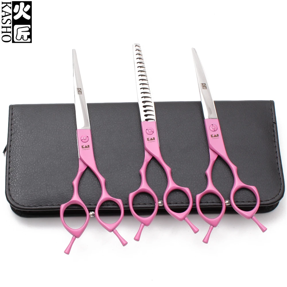 7" 440C Kasho Pink Color Cutting Scissors Thinning Shears Down Curved