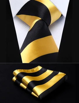 

TS904Y8S Yellow Black Stripe 3.4" Silk Woven Men Tie Necktie Handkerchief Set Party Wedding Classic Pocket Square Tie
