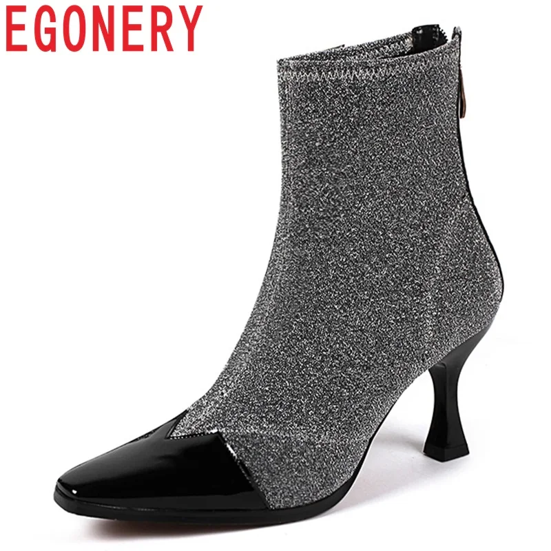 

EGONERY 2018 fashion new woman high heels pointed toe patchwork sequined cloth booties black sexy party women ankle boots size40