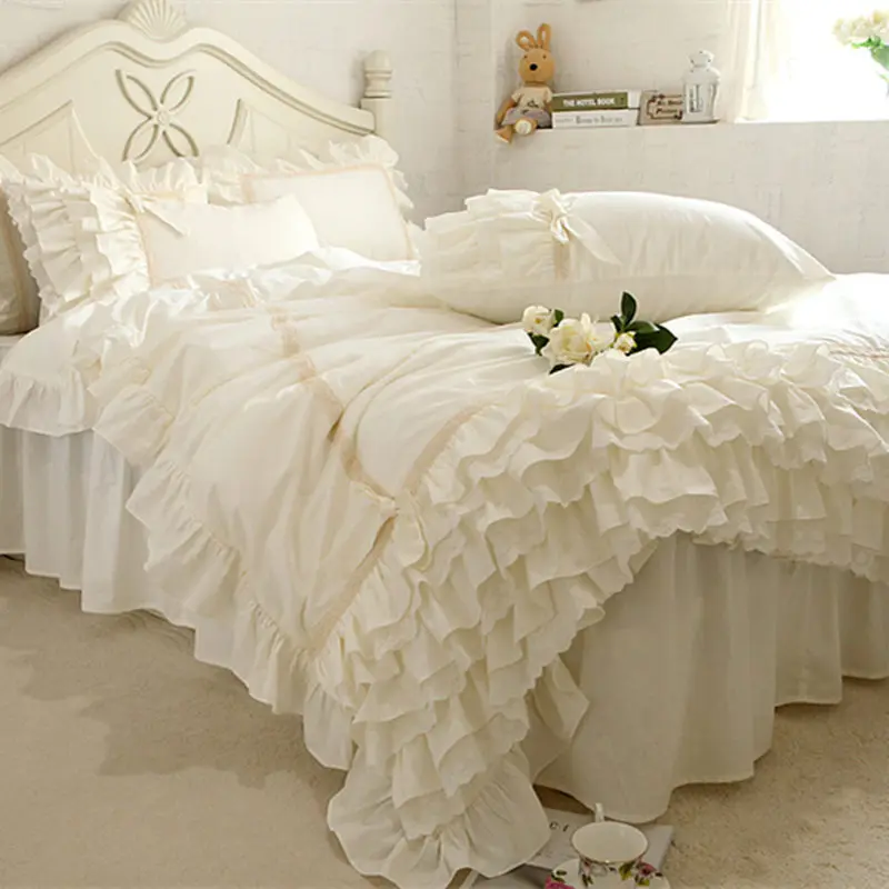 

New Embroidery Luxury Bedding Set Beige Lace Cake Layers Ruffle Duvet Cover Quality Fabric Bed Sheet Bedspread Elegant Bed Skirt