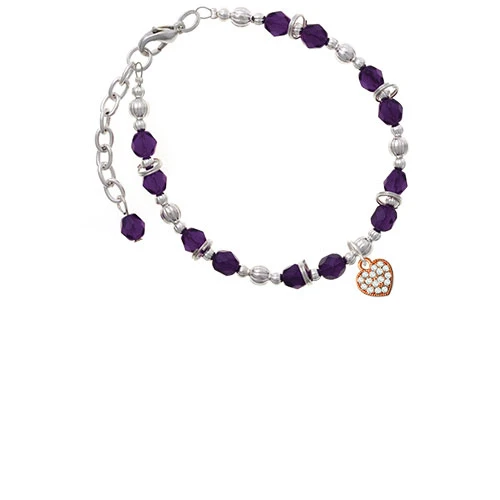 Small Rose Goldtone Heart with Clear Crystals Purple Beaded Bracelet