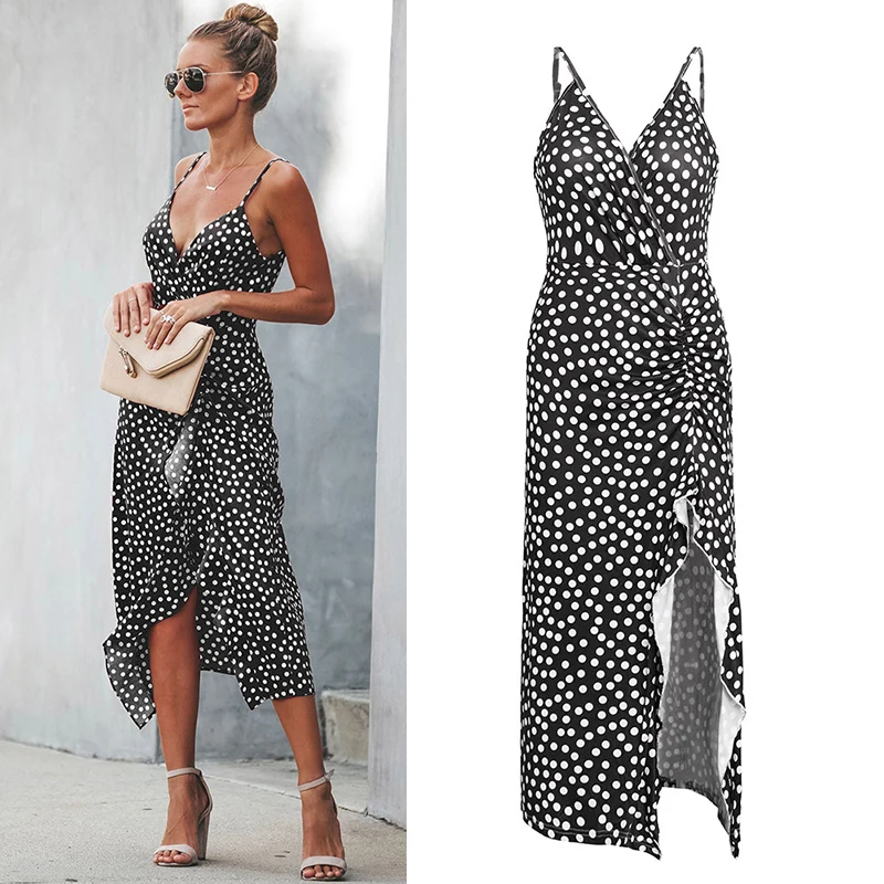 

New V-Neck Spaghetti Strap Dresses For Women Sexy Beach Backless Dress Dot Printed Summer Dovetail Split Dress Red Costume