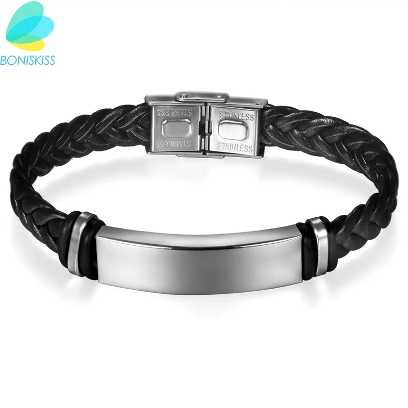 Boniskiss Handmade Fashion Trendy Men & Women Femme Homme Male Weave Stainless Steel Metal Leather Bracelet For Women Jewelry