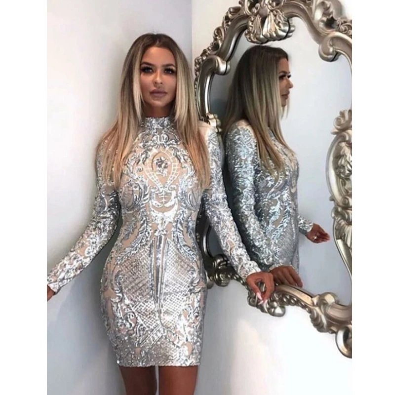 

2018 Sexy High Neck Long Sleeve Sequin Elegant Party Dress Vestidos Bodycon Celebrity Festa Women Patchwork Sexy Chic New Dress
