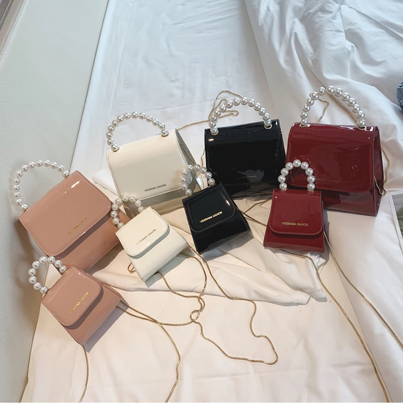 

Cathylin Girls Messenger Mini Bag Pearl Flap Bright Pu Leather Crossbody Chain Shoulder Handbag For Ladies KSLW-10