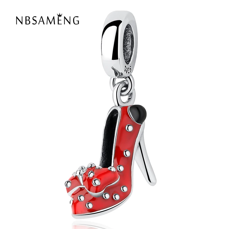 

NBSAMENG 100% 925 Sterling Silver Bead Red Enamel Bow-knot Stilettos Charm Fit Pandora Bracelet Bangle DIY Jewelry Making