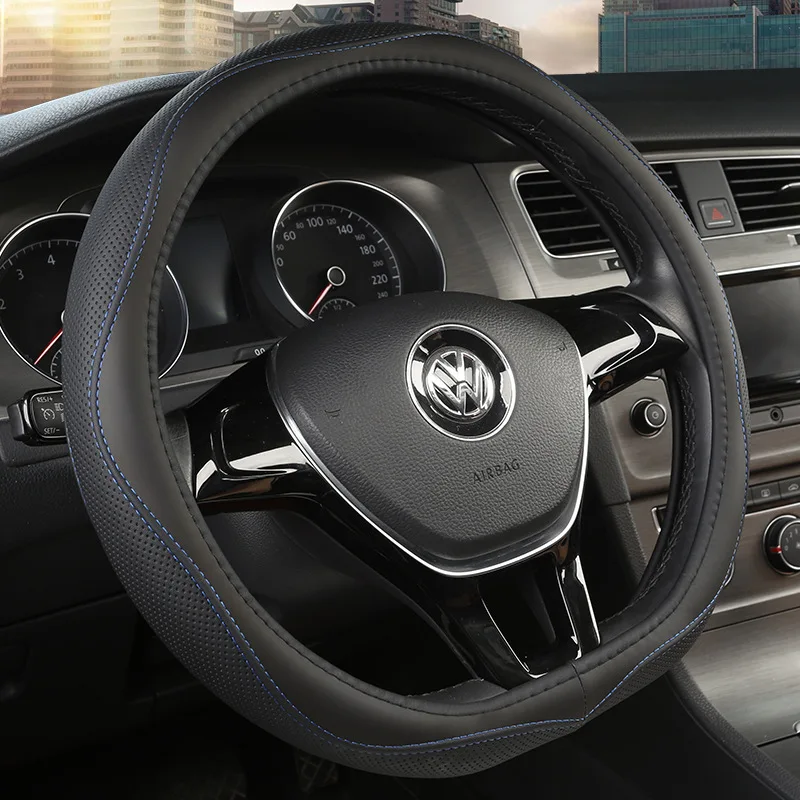 

KKYSYELVA D-type car steering wheel 37 cm - 38 cm leather hand-stitched PU car steering wheel cover suitable for most car models