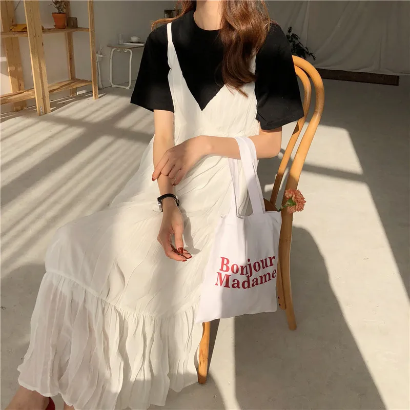Лето Новое модное тонкое белое черное винтажное однотонное Свободное длинное платье в складку большого размера