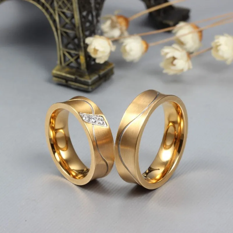 

Cubic Zirconia Lover's Rings Wedding Bands Gold Color Stainless Steel Engagement Jewelry 1 piece