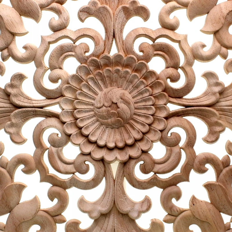 RUNBAZEF Woodcarving Furniture Decoration Solid Wood Door Round Applique Flower Him Miniature Crafts Figurine