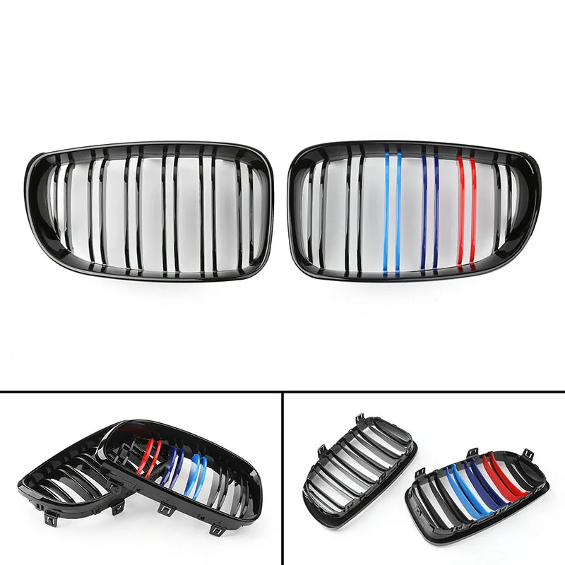 

Pair ABS New 2 Double Line Slat Gloss Black M-Color Front Kidney Grill Grille For BMW E87 1 Series 2008 2009 2010 2011 2012 2013