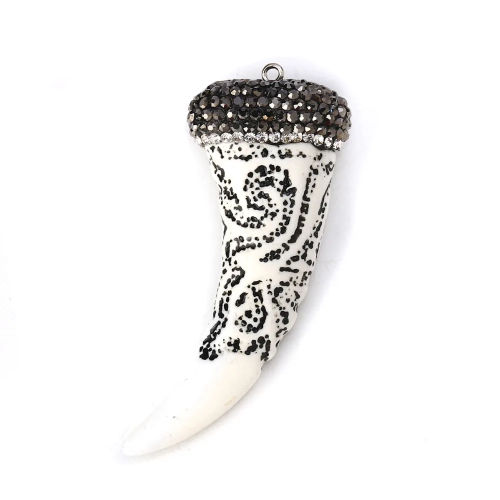 

Doreen Box Resin Boho Chic Pendants Horn-shaped White Black Micro Pave Clear Rhinestone 68mm(2 5/8") x 28mm(1 1/8"), 1 Piece