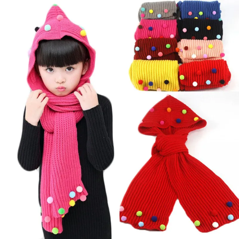 Autumn Winter New Fashion Children Hooded Scarf Knitted Small Ball Hats Children Long Hooded Scarves Boys Girls Baby Warm Scarf