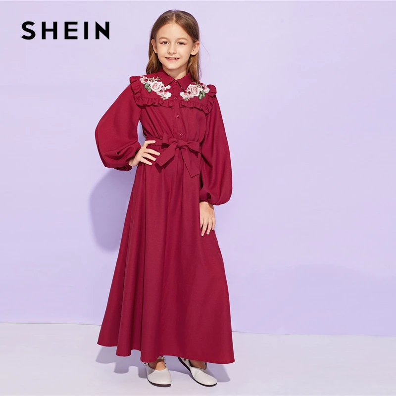 SHEIN/милое Бордовое платье с оборкой и поясом для девочек; детская одежда; коллекция года; весеннее повседневное длинное платье трапециевидной формы с длинными рукавами и пуговицами