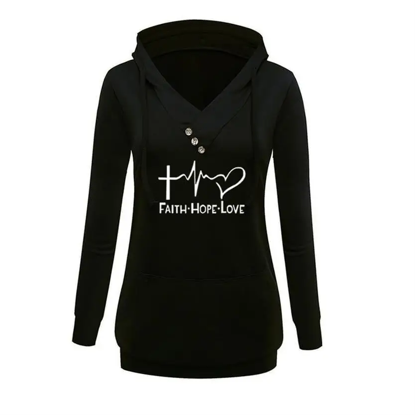 Hoodies For Women Buckle V-Neck  FAITH HOPE LOVE Letters Print Kawaii Hoodies Femmes Sweatshirts Youth Cotton