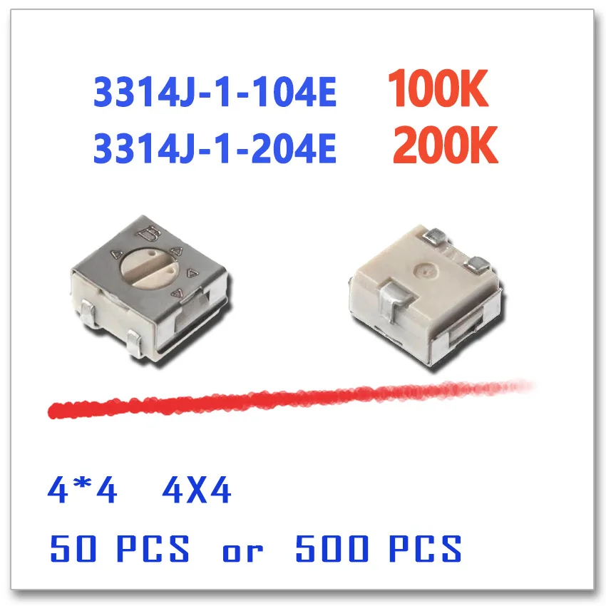JASNPROSMA 3314J-1-104E 100K 3314J-1-204E 200K 50 шт. 500 4x4 4 мм стерео Реостат Ом SMD 3314 3314J триммер |