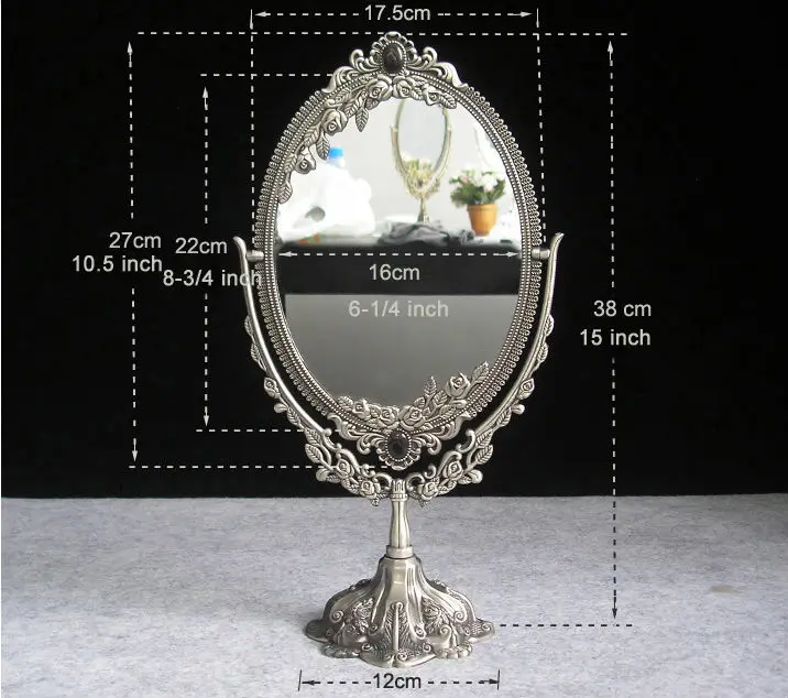 

vintage double face retro tin alloy metal table makeup dresser desktop decorative mirror embossed frame makeup tool 330C