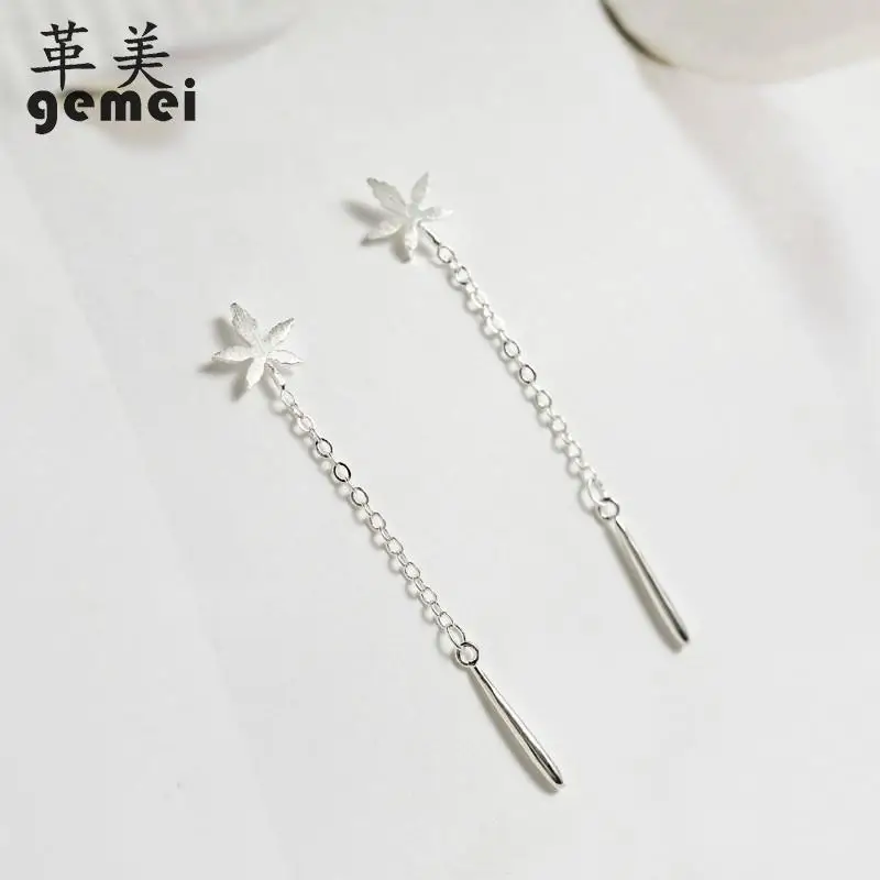 

Gemei New Arrival Trendy Pure Silver Long Tassel Maple Leaf Drop Earrings Jewelry For Women 925 Sterling Silver Earrings