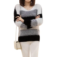 Осенне-зимний женский свитер, корейский Тонкий Свободный пуловер, мохеровый хеджирующий джемпер в полоску, толстый Корейский джемпер vestidos LXJ058