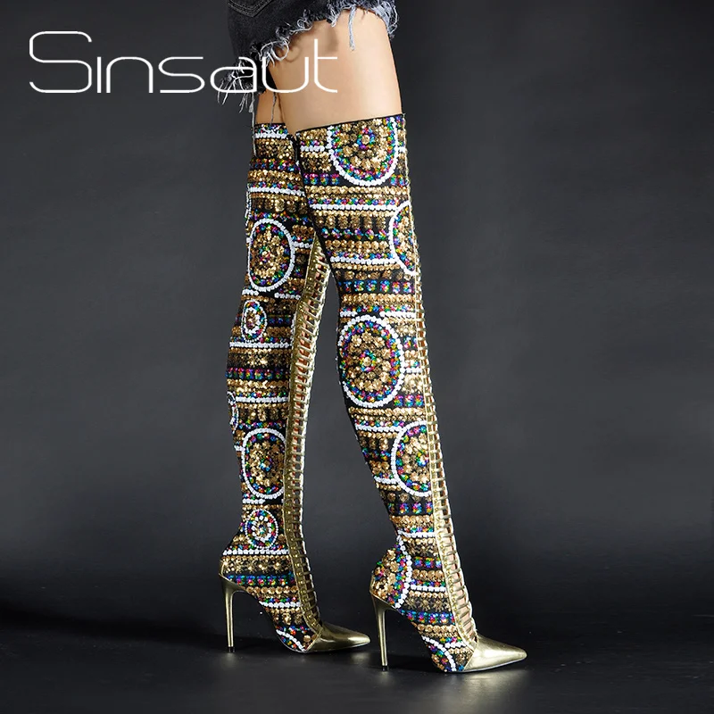 red Internationalen Frauen Heels Knie Kreuz Stiefel Schuhe Die High Gebunden Sommer Winter Sinsaut Gold Zeigen Tuch Pailletten Über Tw6qwC