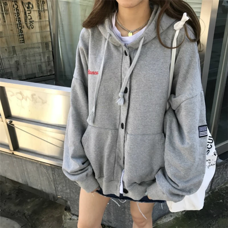 

Women Autumn Winter Drawstring Hooded Letter Embroidery Hoodies Female Single Breasted Pocket Exo Sweatshirt Harajuku Svitshot