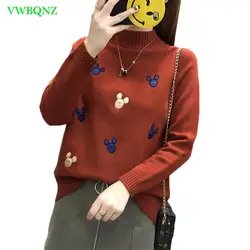 Корейский Новый 2018 женские модные Свободные Водолазка с длинным рукавом вышивка вязаный свитер Женский Повседневный пуловер Свитера A837