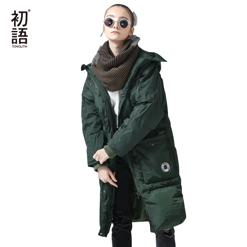 Koop Toyouth Donsjack Winter Lange Hooded Omlaag Parka 80% Witte Eendendons Parka Vrouwelijke Dikker Warme Solid Green Bovenkleding Jas
