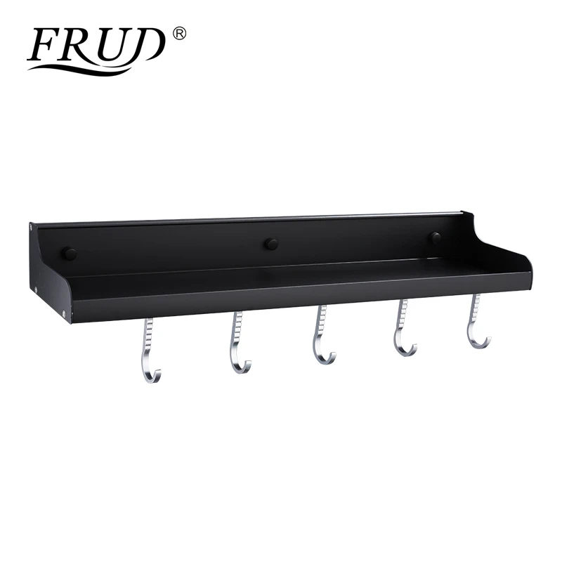 

FRUD New Arrival Bathroom Shelves Shelf Rack Storage Rack with Five Hooks Space Aluminum Bathroom Shelf Black Shelves Y18060