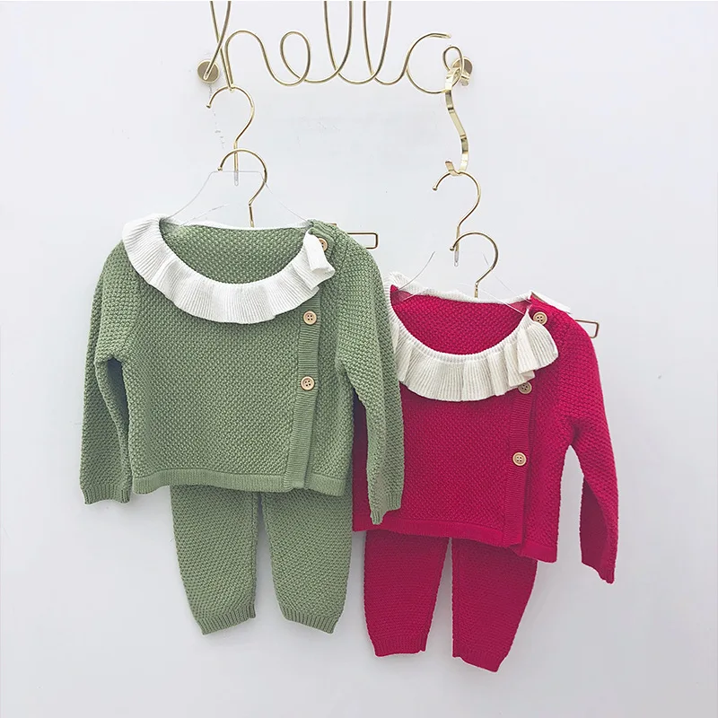 

2018 Newborns Toddler handmade knitted Clothing Sets Wool Knitted Cotton Sweater boys Girls Sets Infant Warm Pullover Pants Suit