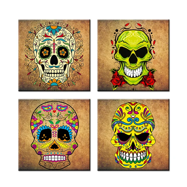 4 Panel Abstract Skull Heads Canvas Painting Skullcandy Wall Art Print