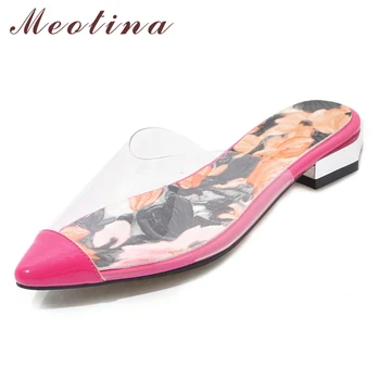 

Meotina Summer Slippers Women Mules Shoes Transparent Low Heels Shoes Flower Pointed Toe Slides Female New Sliver Plus Size 3-12