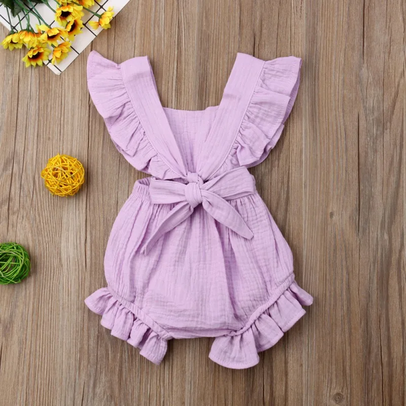 

Baby Rompers for Summer Newborn Girls Clothes Solid Print Backless Jumpsuit Flare Sleeve Romper Infant Casual Outfits