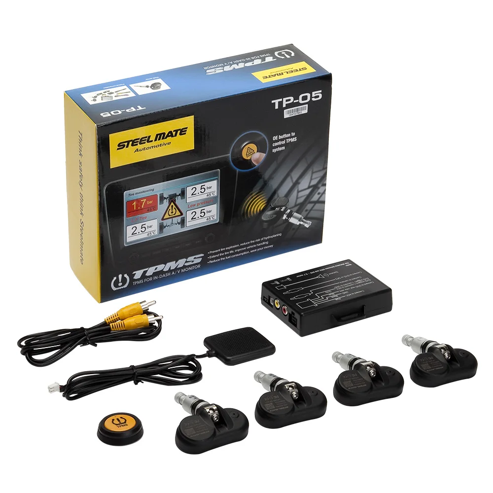 Steelmate TP-05 TPMS Tire Pressure Monitoring System for in-dash A/V Monitor with Remote Button 4 Professional Internal Sensors Steelmate TP-05 TPMS Tire Pressure Monitoring System for in-dash A/V Monitor with Remote Button 4 Professional Internal Sensors