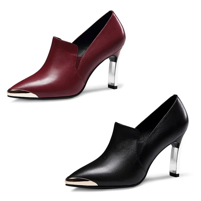 

Womens Pointed Metal Toe Ankle Boots Metallic Stilettos High Heel Low Top PU Leather Shoes Black Wine Red A1351