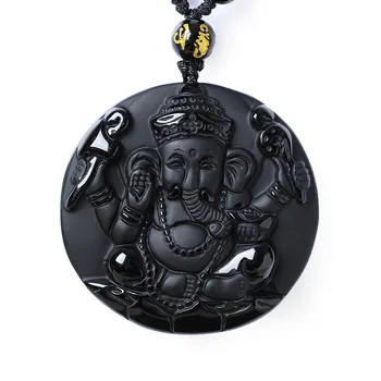 

Natural Black Obsidian Carved Ganesh Elephant Lucky Pendants Free Necklace Fine Stone Crystal Fashion woman man Amulet Jewelry