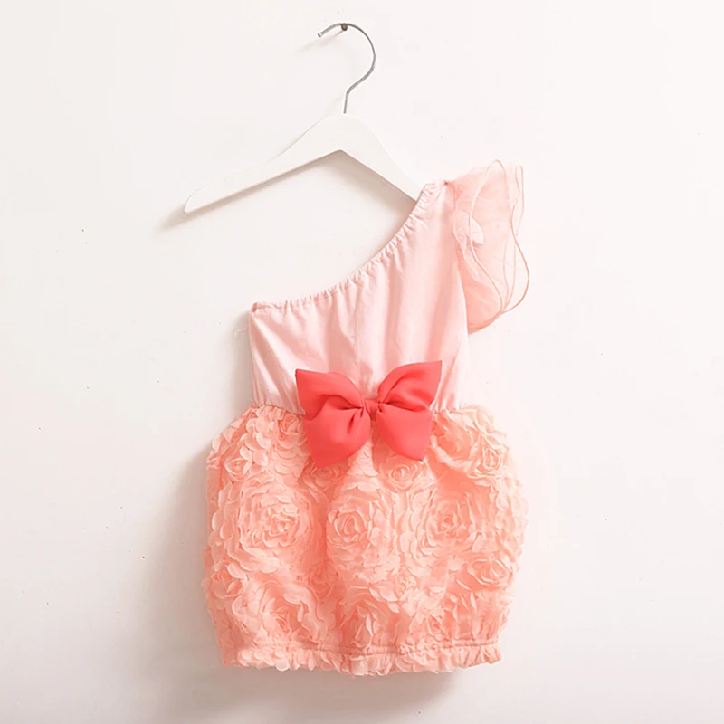 

Princess Sloping Shoulder Children Baby Kids Girl White/Pink One Shoulder Lace Bow Dress Summer