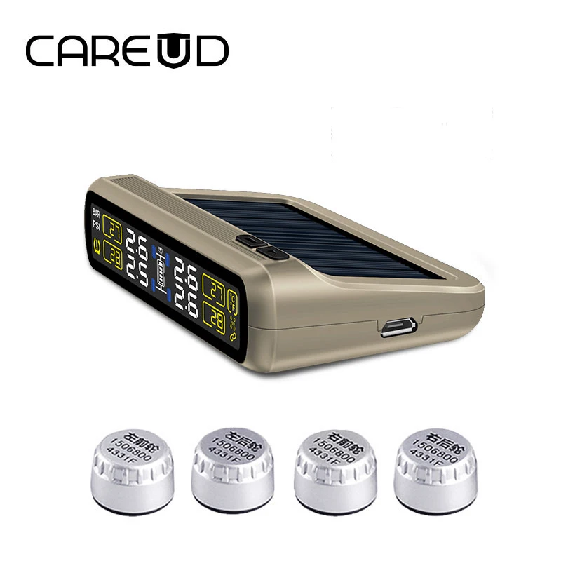 

Original CAREUD solar power and USB charge car TPMS wireless tire pressure monitoring system with 4 external sensors LCD display