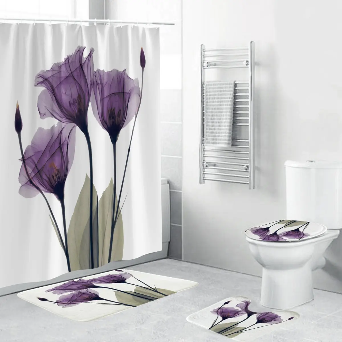 

4PCS Flannel Surface Bathroom Mats Shower Curtain Non-Slip Rug Lid Toilet Cover Bath Mat Set Purple Flowers Print Decor Home