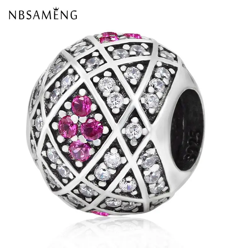 

Pure 100% 925 Sterling Silver Beads Charm Round Pink Cross Charms Fit Pandora Original Bracelets DIY Women Jewelry Making