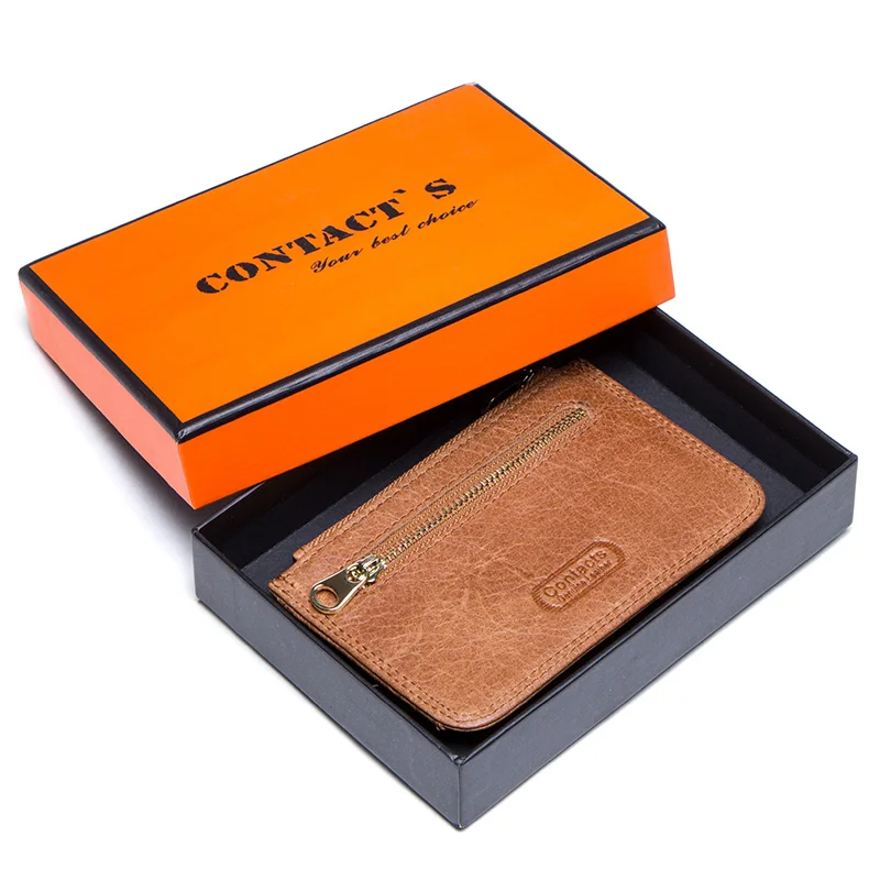 Повседневный кредитный держатель для карт чехол из натуральной кожи маленький мужской кошелек брендовый дизайнерский тонкий черный кошелек для карт посылка модный кошелек для монет на молнии - Цвет: Brown Box