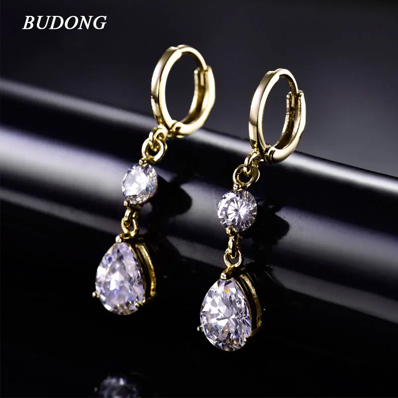 

BUDONG Fashion Austrian Crystal Silver/Gold Color Dangle Earrings for Women White Crystals Teardrop Earing Wedding Jewelry XE139
