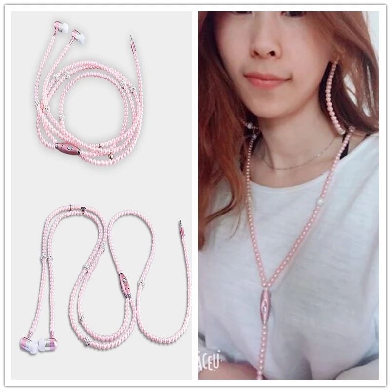 Fashion Earphones Luxurious Bling Pearl Necklace Earphones for Girls