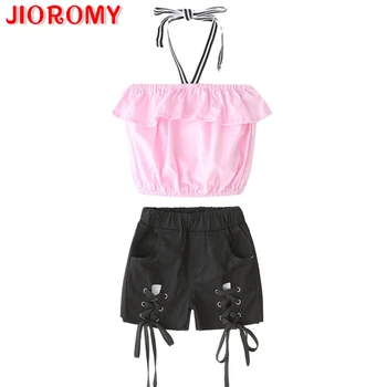 

girls suit children suit Europe and the United States girls off-the-shoulder condole top denim shorts two-piece outfit