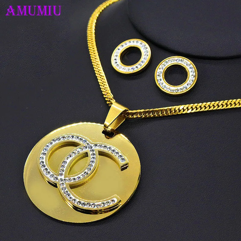 AMUMIU Hot Sale Fashion Women Jewelry Classy Sparking Crystal Necklace Wedding Gold/White Jewelry Set Woman Dress JS086