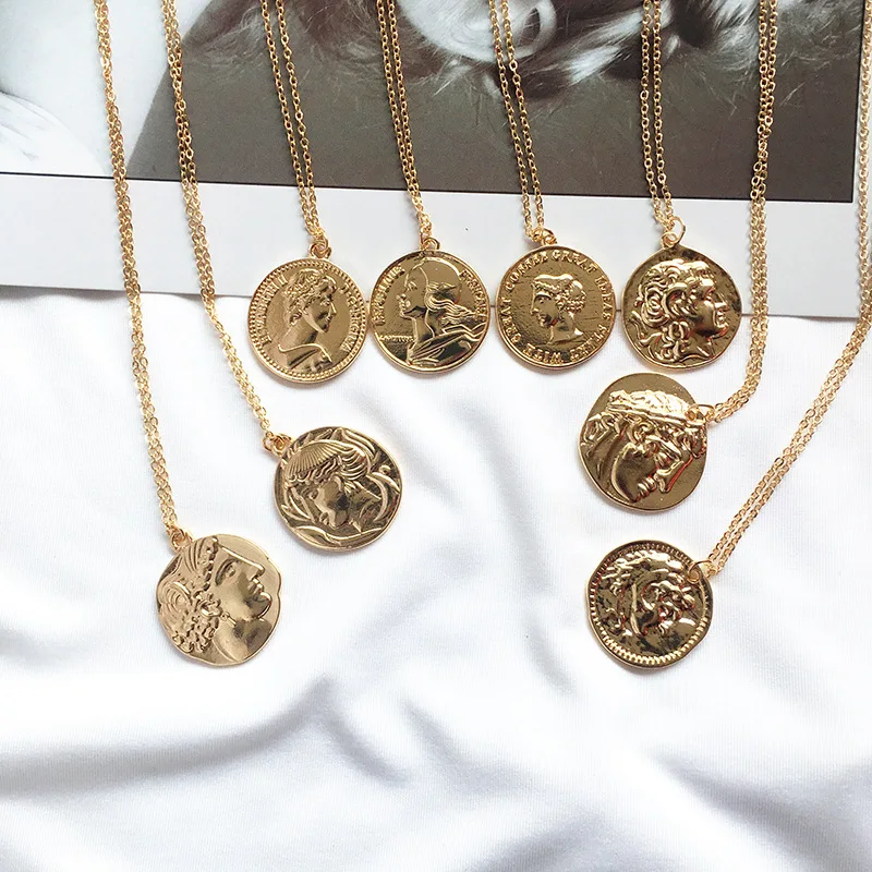 

2019 Famous Brand Vintage Gold Coin Necklace Roman Portrait Necklaces Boho Holiday Pendant Necklace Punk Chokers Sweater Chain