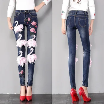 

Skinny Jeans Woman 2018 Spring autumn New swan Floral Embroidery Long Denim Pants Female Fashion Pencil Pants Streetwear