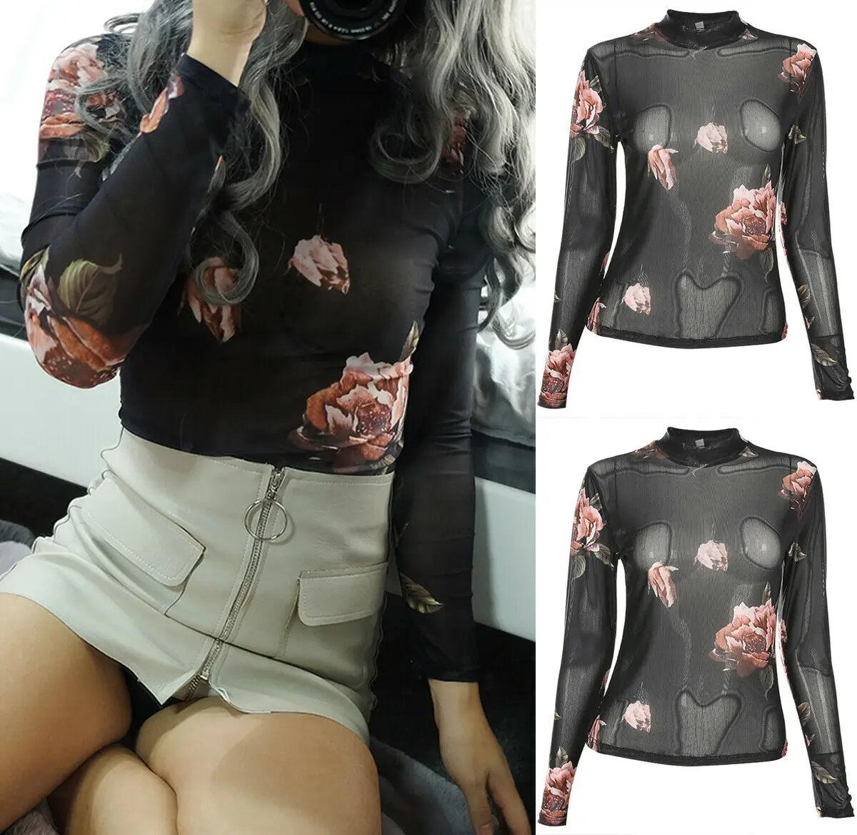 

New Women Ladies Fashion Casual Summer T Shirt Floral Long Sleeve Slim Tees Tops T Shirt Party Clubwear