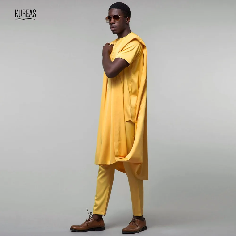 

Kureas African Agbada Traditional Man's Set 3PCS Short Sleeve Dashiki Suit Yellow Boubou African Robe Formal Attire